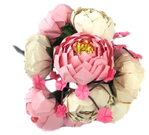 origami peony bouquet with cherry blossoms