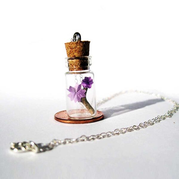 origami cherry blossom in a bottle necklace