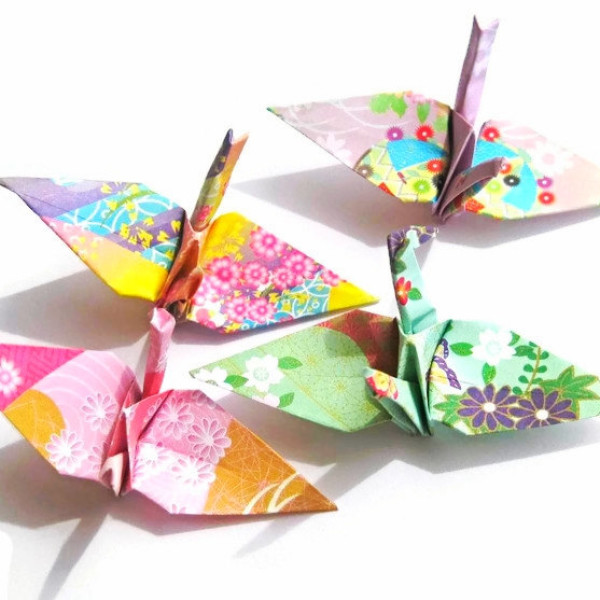 Free Shipping 7 Large Origami Cranes in Japanese Cherry Blossom sakura  Pattern Origami Paper for Weddings, Happiness, Good Luck & Health 